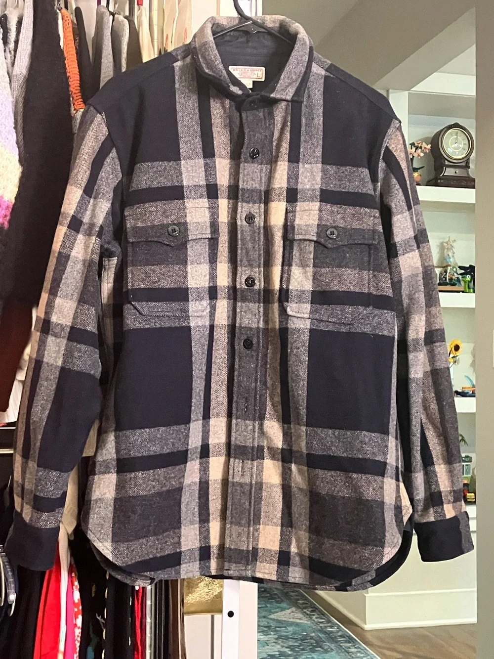 J. Crew Men's Navy and Gray Plaid Button-Up Shirt Jacket